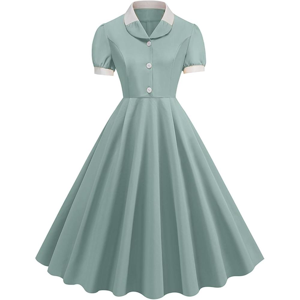 imageIDOPIP Women 1950s Vintage Swing Dress Puff Sleeve Cocktail Party Dress Formal Rockabilly Evening Elegant Retro Midi DressGreen