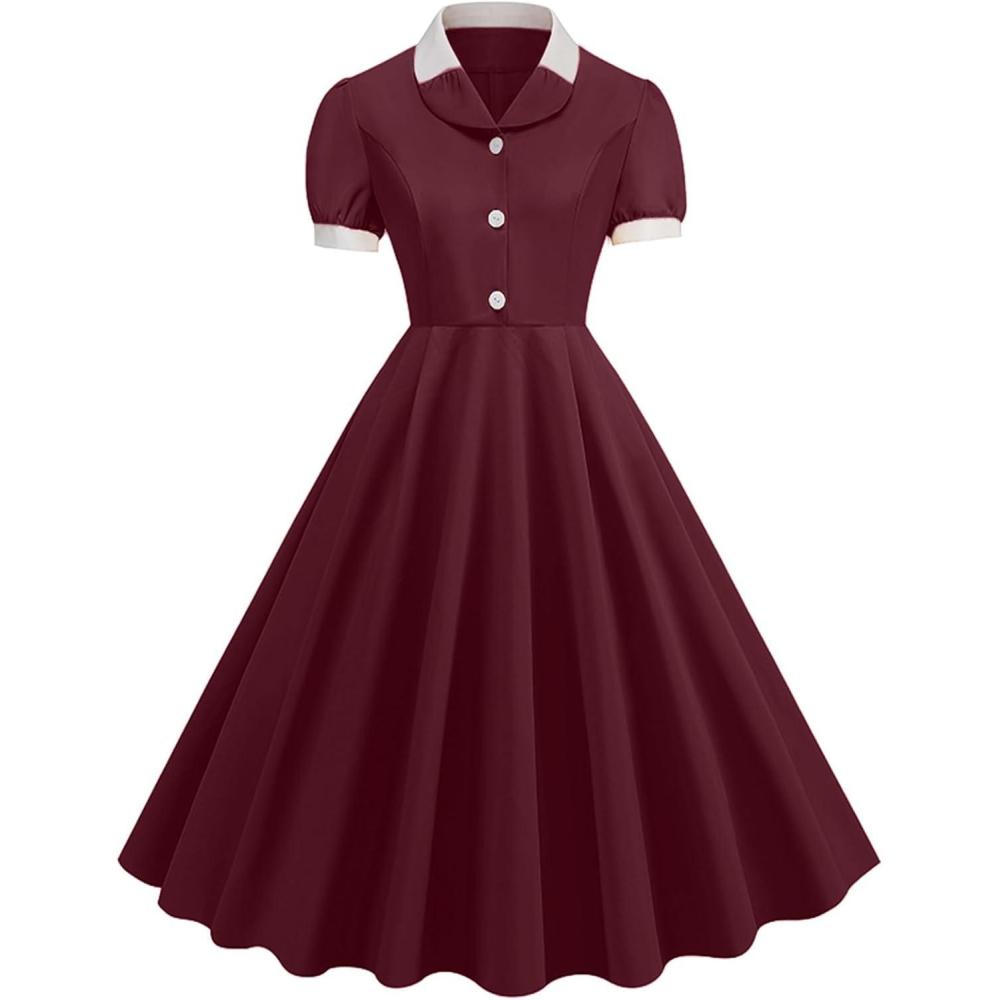 imageIDOPIP Women 1950s Vintage Swing Dress Puff Sleeve Cocktail Party Dress Formal Rockabilly Evening Elegant Retro Midi DressWine
