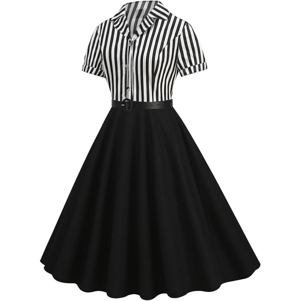 imageIDOPIP Women 50s Vintage Cocktail Party Swing Dress Audrey Hepburn Halloween Costume Elegant Short Sleeve Button Pinup DressBlack and White Striped
