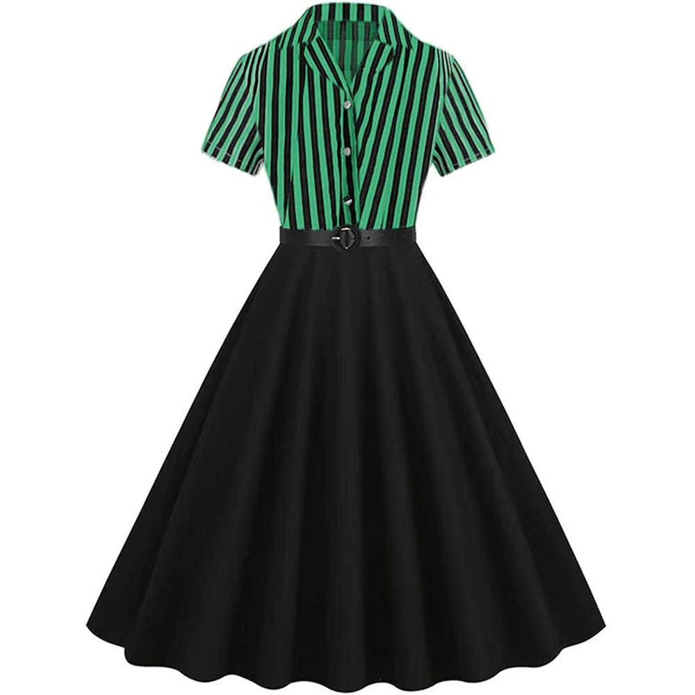 imageIDOPIP Women 50s Vintage Cocktail Party Swing Dress Audrey Hepburn Halloween Costume Elegant Short Sleeve Button Pinup DressGreen Striped