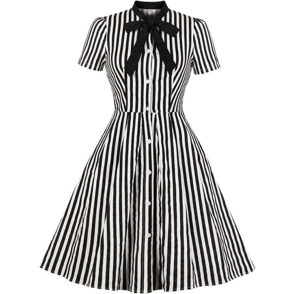 imageIDOPIP Women Black Striped Halloween Cosplay Costume Dress Elegant Tie Neck Midi Dress 1950s Vintage Cocktail Shirt DressBlack and White