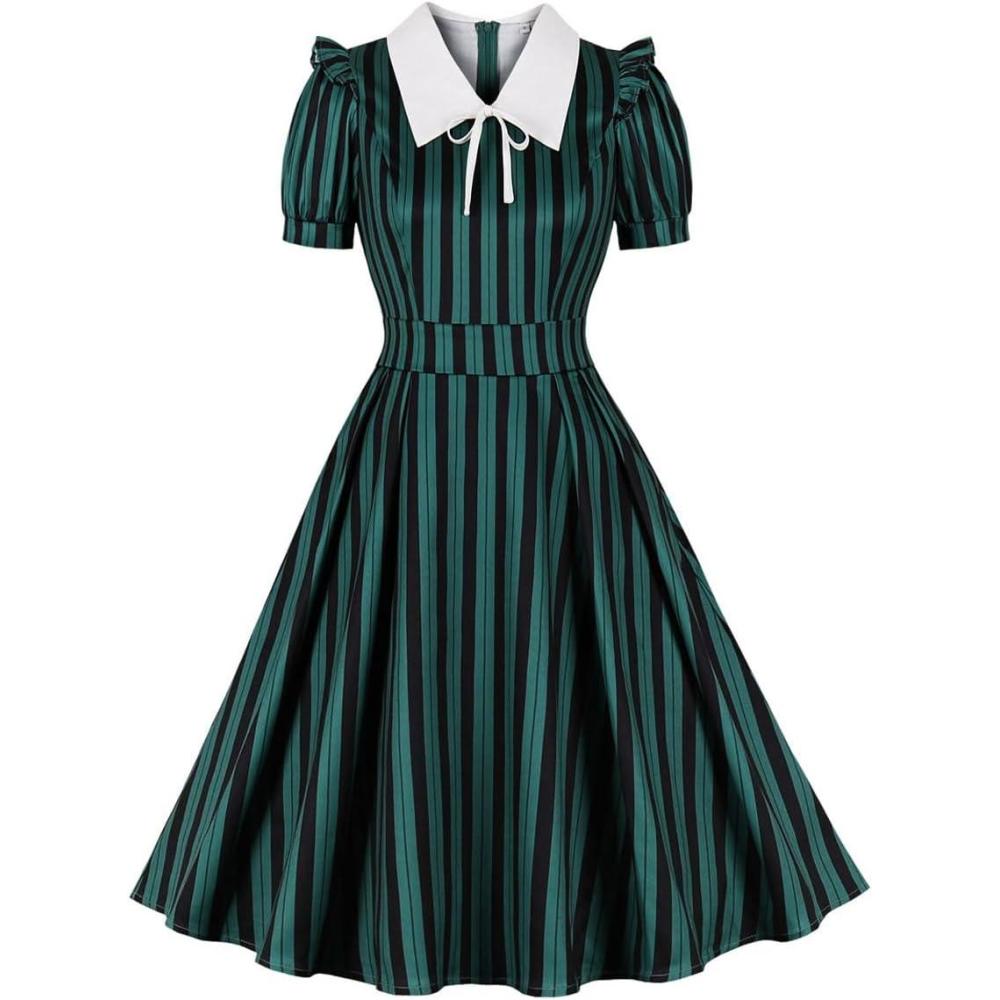 imageIDOPIP Women Black Striped Halloween Cosplay Costume Dress Elegant Tie Neck Midi Dress 1950s Vintage Cocktail Shirt DressDark Green