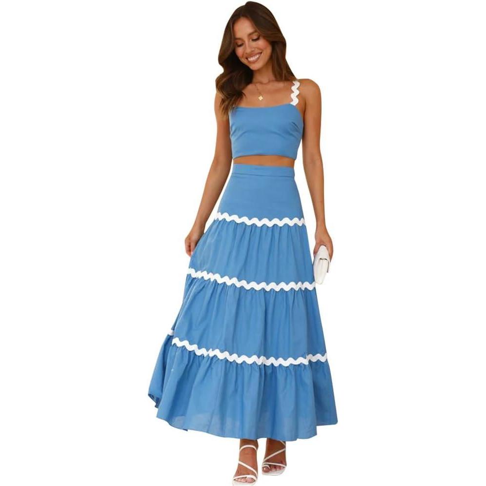 imageIDOPIP Women Boho Summer Camisole Top with Tiered Flowy Maxi Skirt Casual Contrast Rickrack Trim Spaghetti Straps 2PCS OutfitBlue