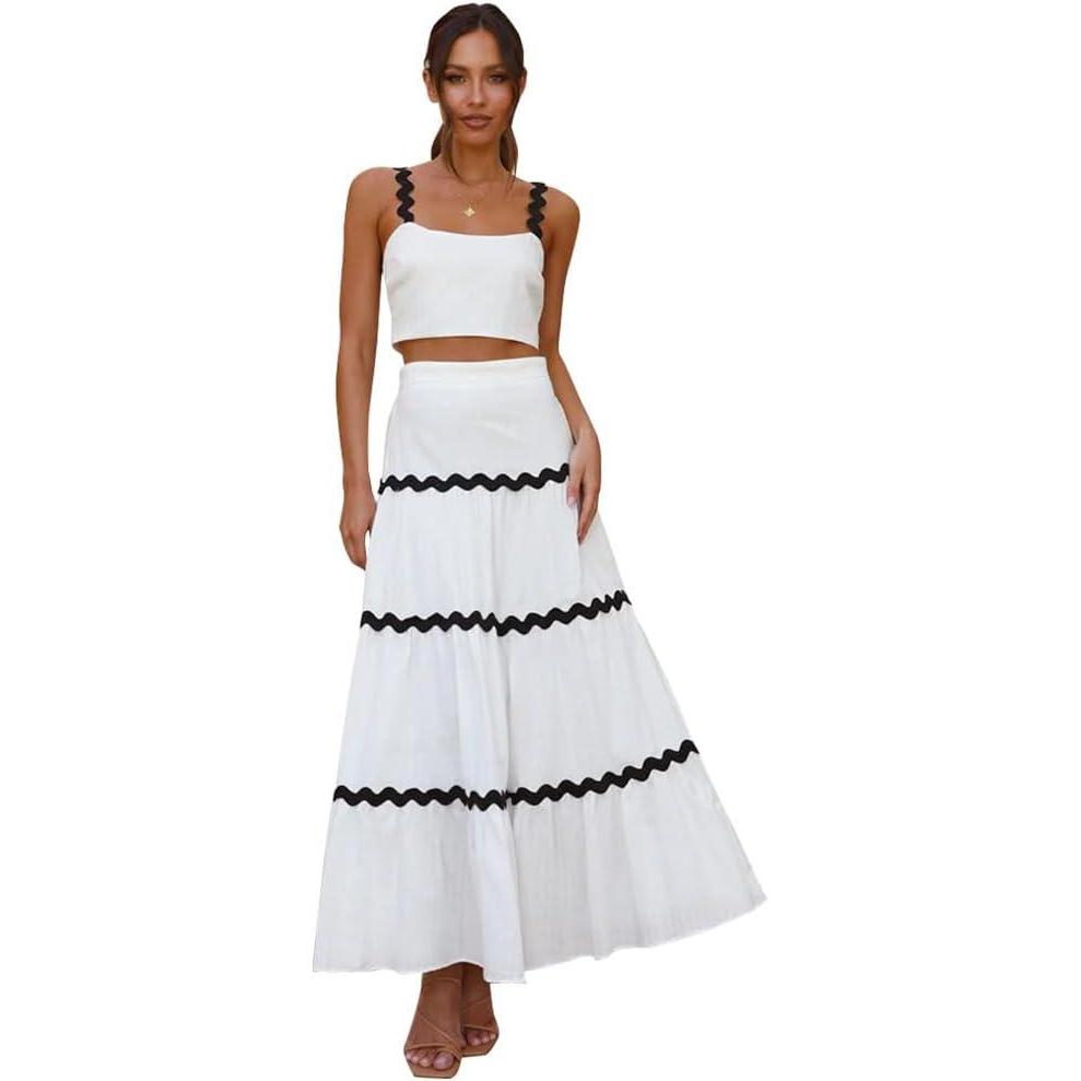 imageIDOPIP Women Boho Summer Camisole Top with Tiered Flowy Maxi Skirt Casual Contrast Rickrack Trim Spaghetti Straps 2PCS OutfitWhiteblack