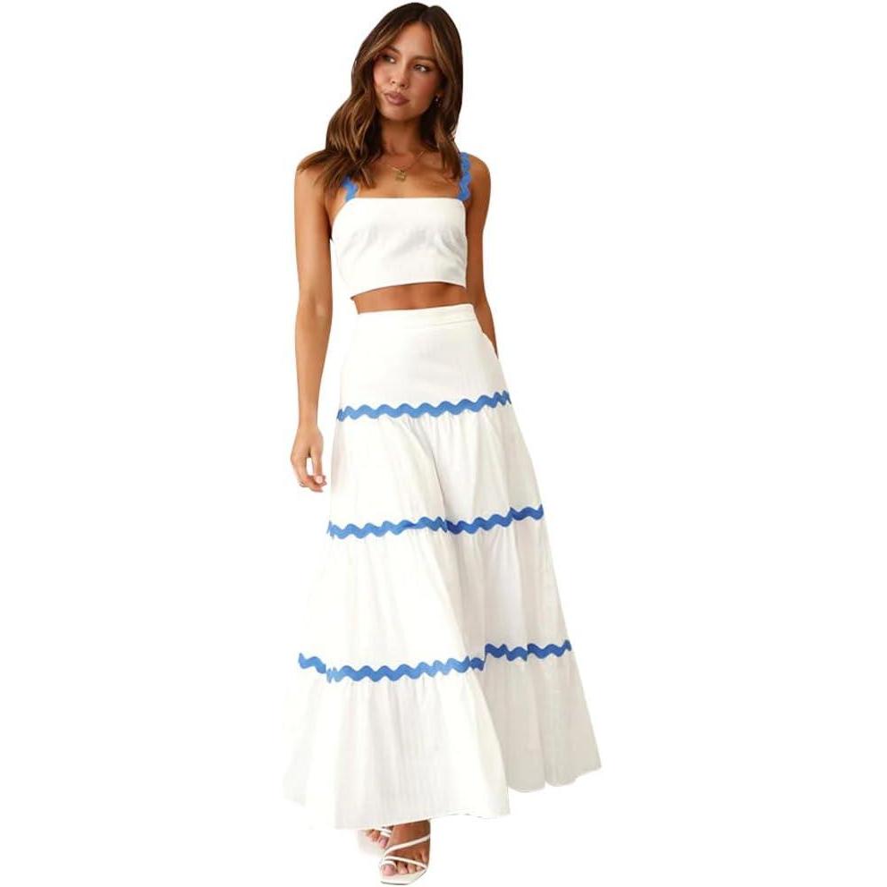 imageIDOPIP Women Boho Summer Camisole Top with Tiered Flowy Maxi Skirt Casual Contrast Rickrack Trim Spaghetti Straps 2PCS OutfitWhiteblue