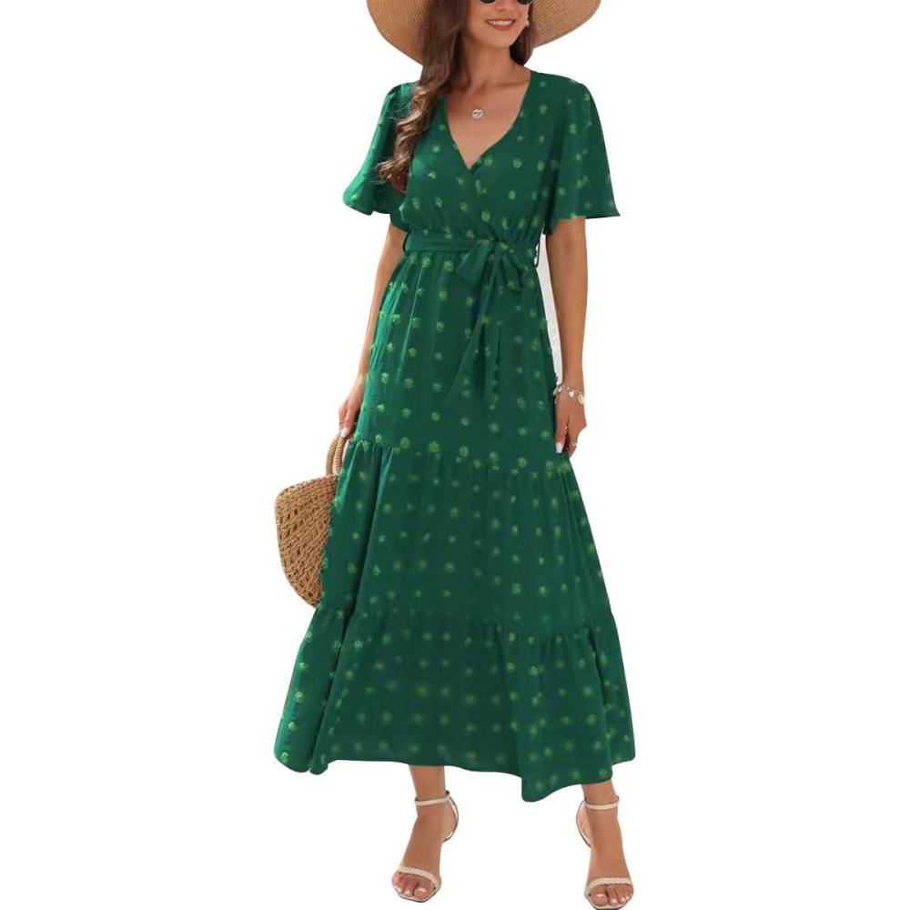 imageIDOPIP Women Casual Swiss Dot Tiered Maxi Dress with Belt Beach Summer Wedding Guest Sundress Elegant Cocktail Evening Outfit