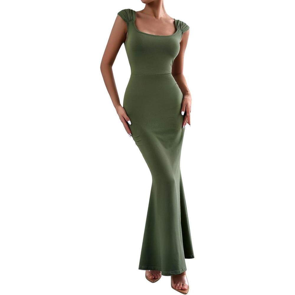 imageIDOPIP Women Elegant Mermaid Hem Bodycon Maxi Dress Square Neck Evening Party Gown Prom Wedding Guest Fishtail Cocktail DressGreen