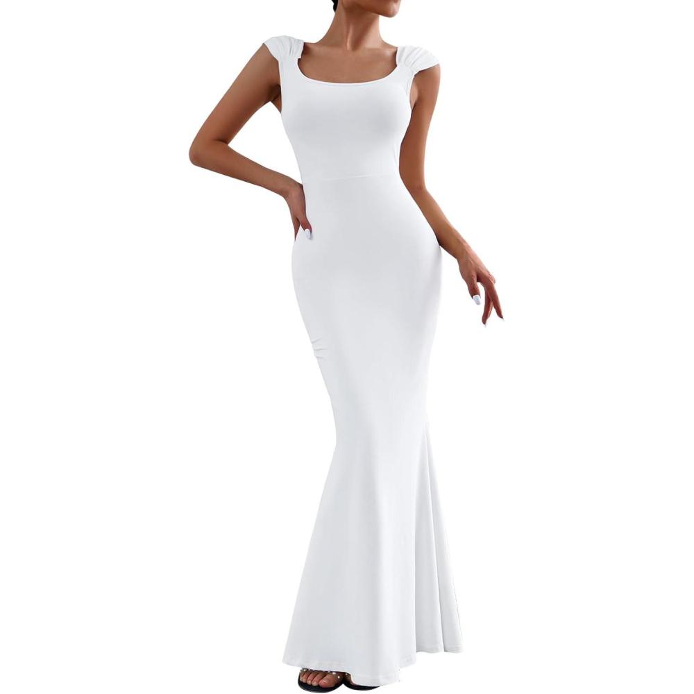 imageIDOPIP Women Elegant Mermaid Hem Bodycon Maxi Dress Square Neck Evening Party Gown Prom Wedding Guest Fishtail Cocktail DressWhite