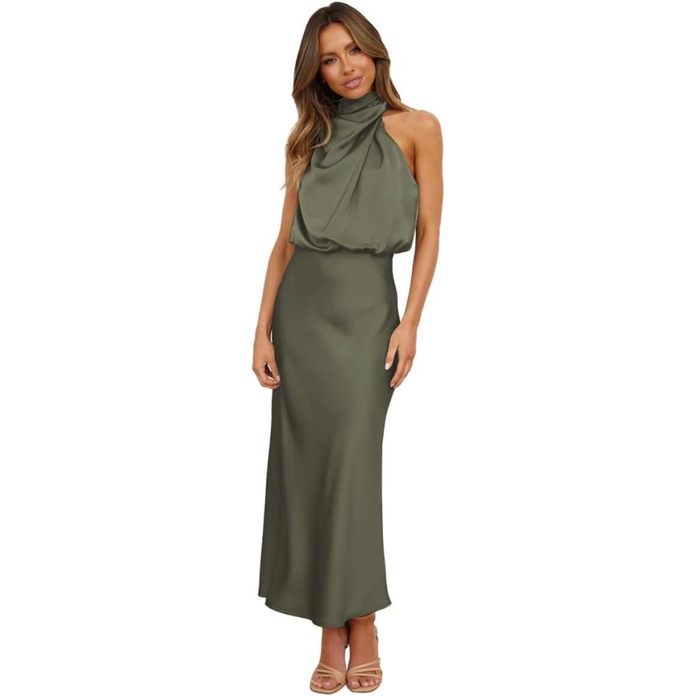 imageIDOPIP Women Elegant Satin Dress Sleeveless Halter Prom Party Gown Cocktail Bridesmaid Wedding Guest Outfit Formal Maxi DressArmy Green