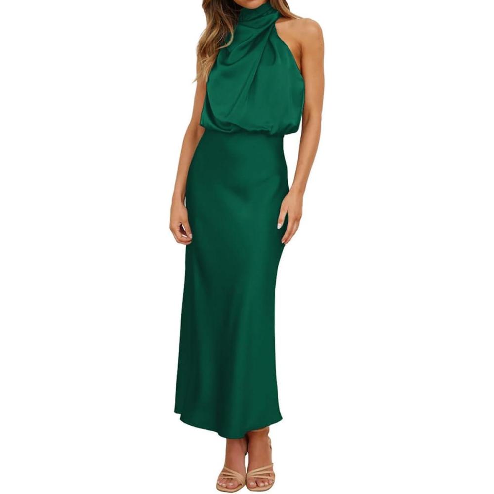imageIDOPIP Women Elegant Satin Dress Sleeveless Halter Prom Party Gown Cocktail Bridesmaid Wedding Guest Outfit Formal Maxi DressGreen