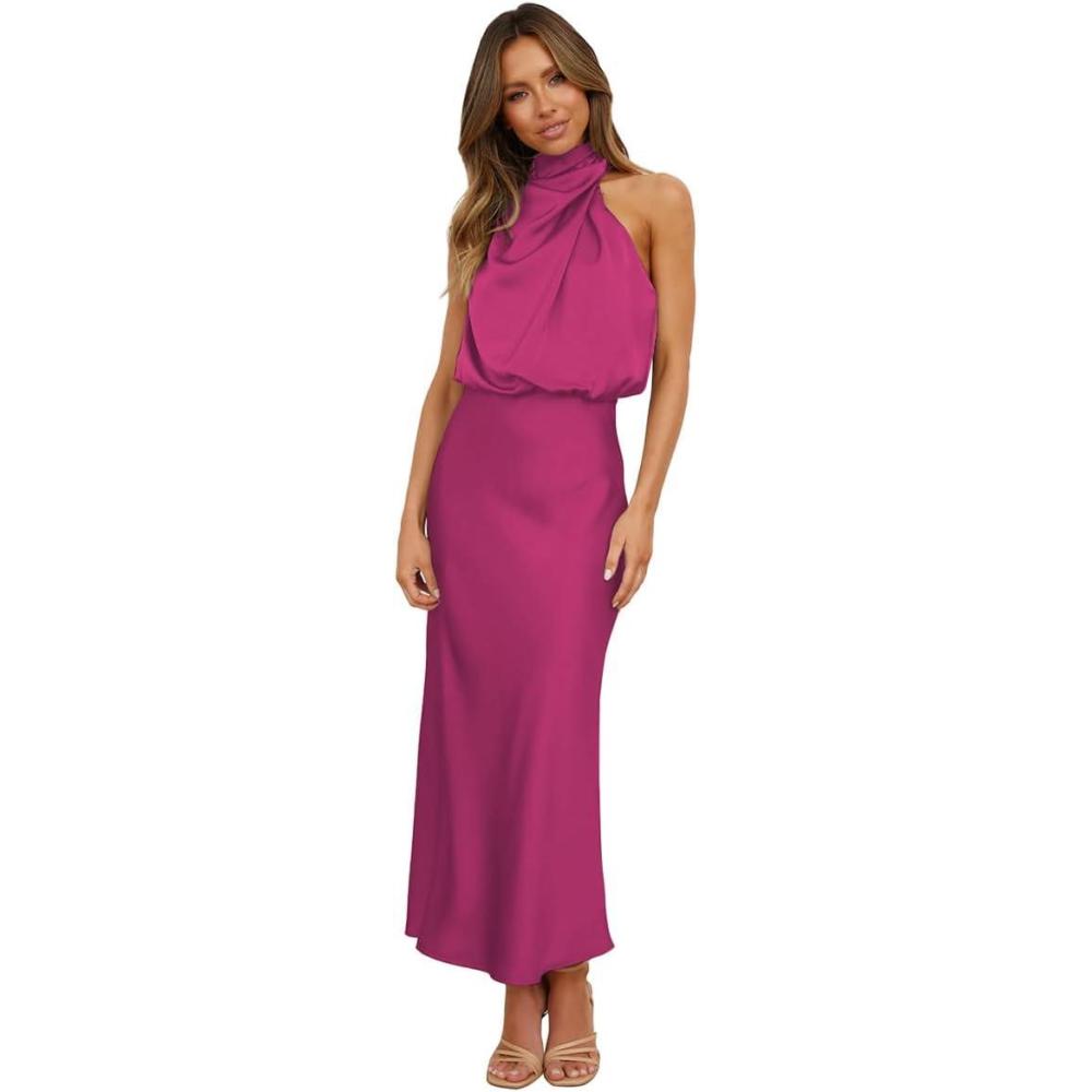 imageIDOPIP Women Elegant Satin Dress Sleeveless Halter Prom Party Gown Cocktail Bridesmaid Wedding Guest Outfit Formal Maxi DressHot Pink