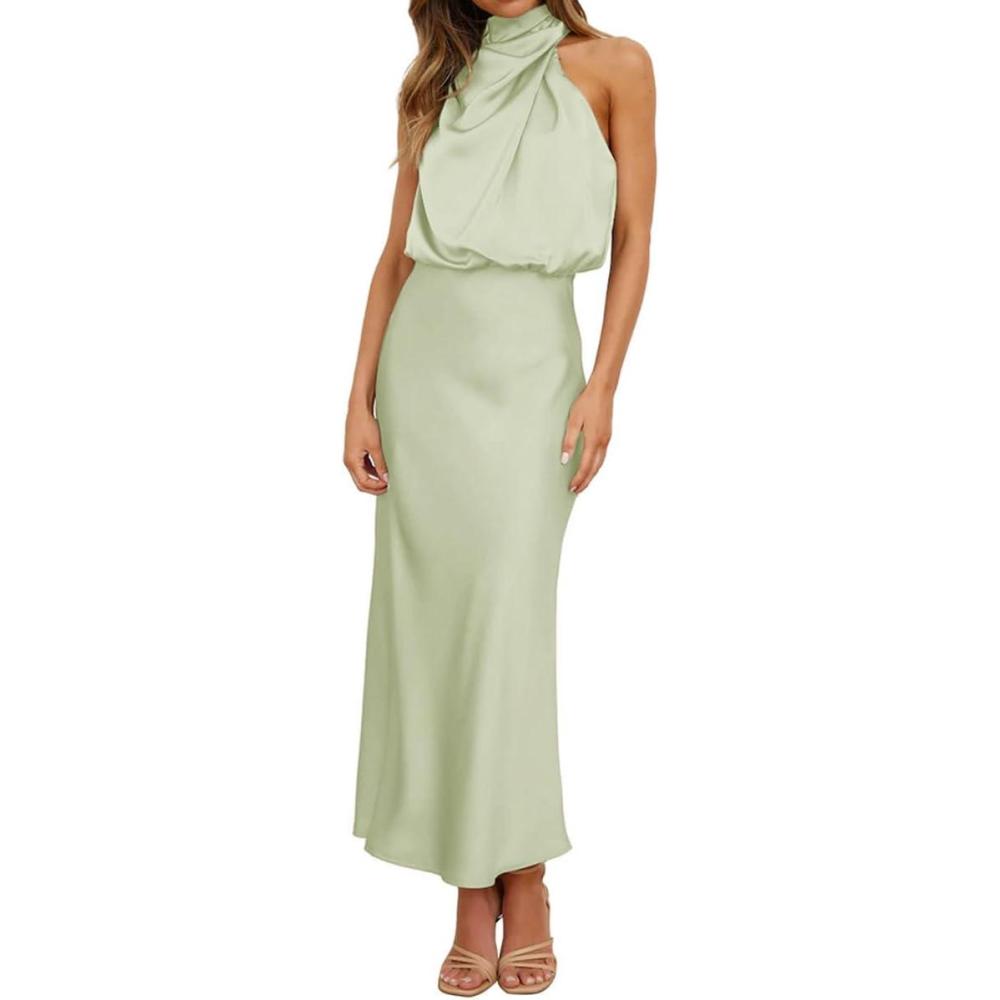 imageIDOPIP Women Elegant Satin Dress Sleeveless Halter Prom Party Gown Cocktail Bridesmaid Wedding Guest Outfit Formal Maxi DressLight Green