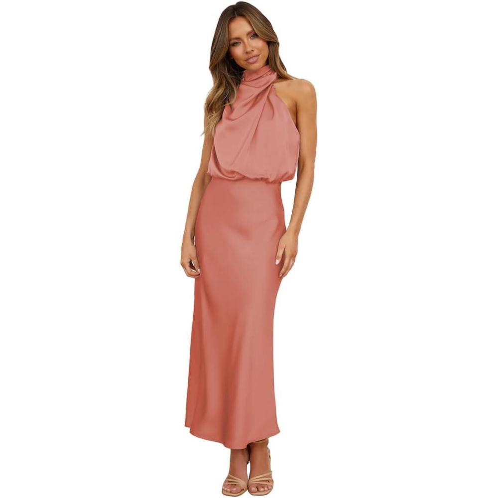imageIDOPIP Women Elegant Satin Dress Sleeveless Halter Prom Party Gown Cocktail Bridesmaid Wedding Guest Outfit Formal Maxi DressOrange Pink