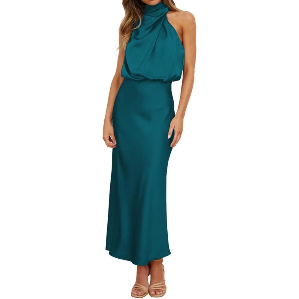imageIDOPIP Women Elegant Satin Dress Sleeveless Halter Prom Party Gown Cocktail Bridesmaid Wedding Guest Outfit Formal Maxi DressPeacock Blue