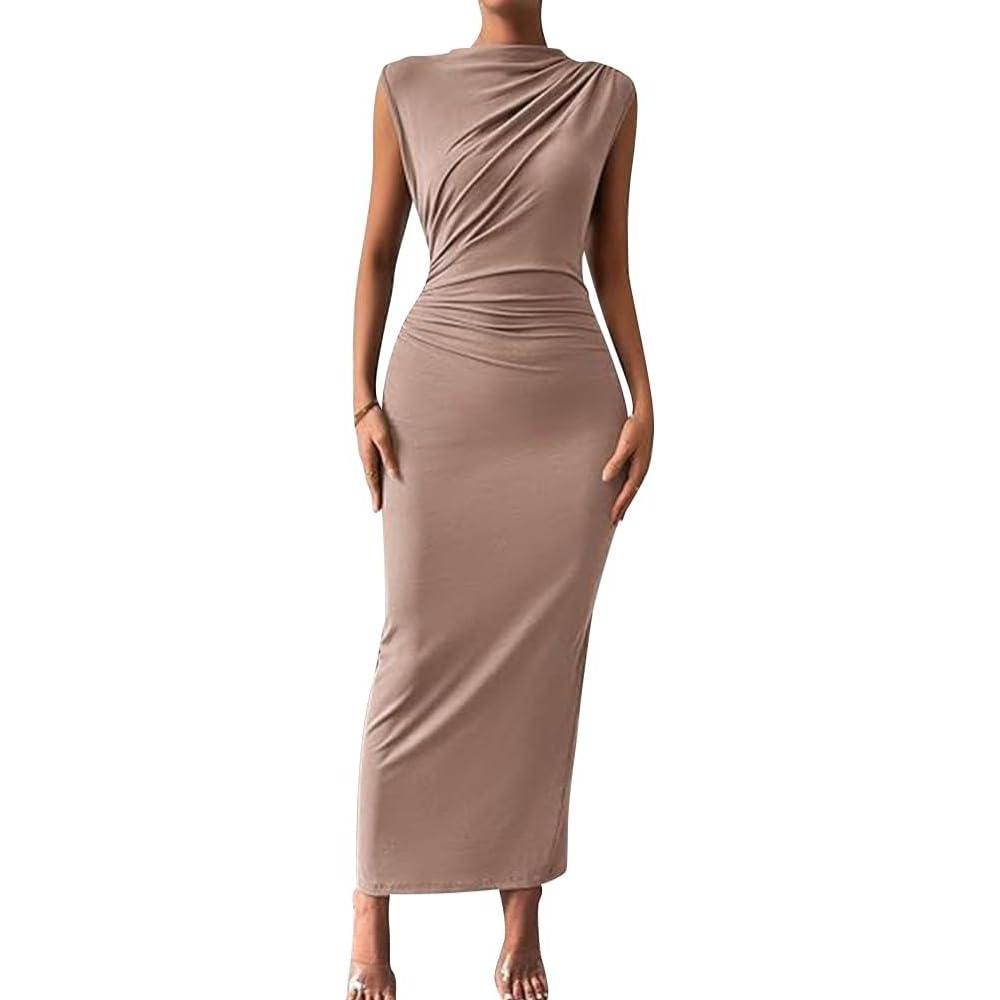 imageIDOPIP Women Formal Mock Neck Ruched Bodycon Dress Elegant Sleeveless Maxi Dress Prom Cocktail Party Wedding Guest OutfitKhaki