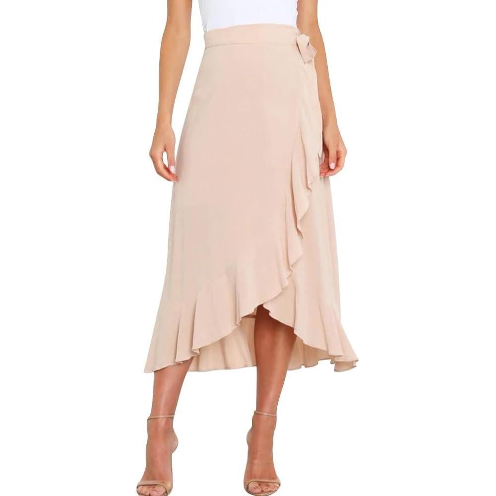 imageIDOPIP Women Irregular HighLow Hem Wrap Skirt Elegant High Waist Tie Side Midi Skirt Casual Summer Beach Ruffle Aline SkirtBeige