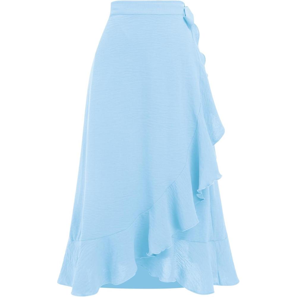 imageIDOPIP Women Irregular HighLow Hem Wrap Skirt Elegant High Waist Tie Side Midi Skirt Casual Summer Beach Ruffle Aline SkirtBlue