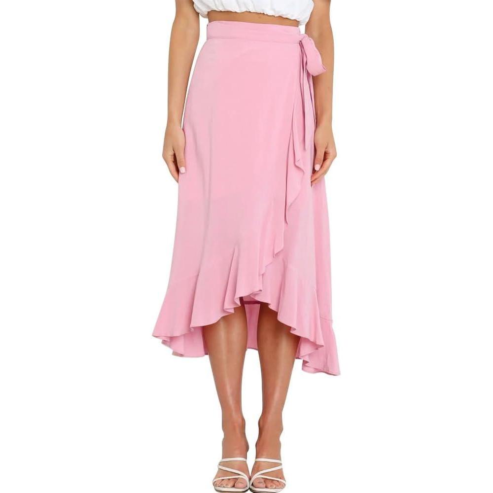 imageIDOPIP Women Irregular HighLow Hem Wrap Skirt Elegant High Waist Tie Side Midi Skirt Casual Summer Beach Ruffle Aline SkirtPink