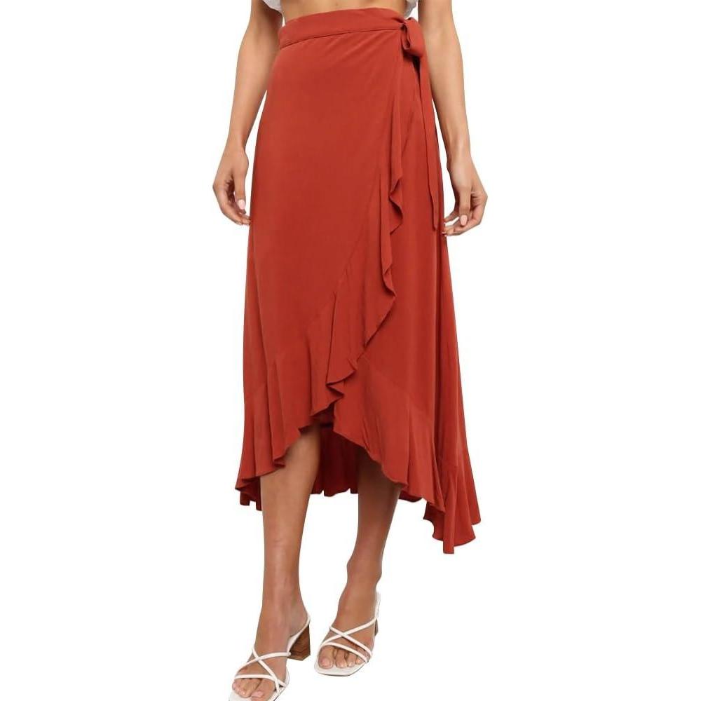 imageIDOPIP Women Irregular HighLow Hem Wrap Skirt Elegant High Waist Tie Side Midi Skirt Casual Summer Beach Ruffle Aline SkirtRed