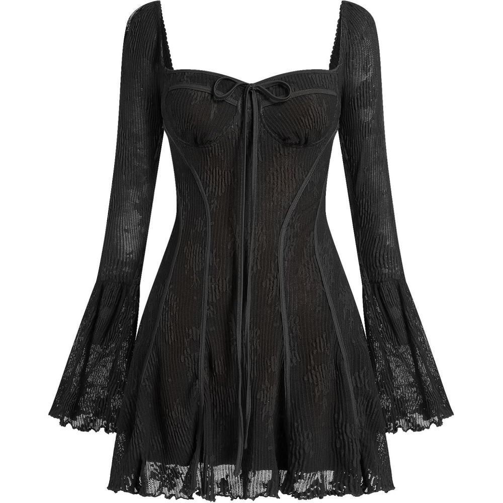 imageIDOPIP Women Long Bell Sleeve Corset Mini Dress Floral Lace Tie Front Ruffle Dress Empire Waist Club Cocktail Party DressBlack