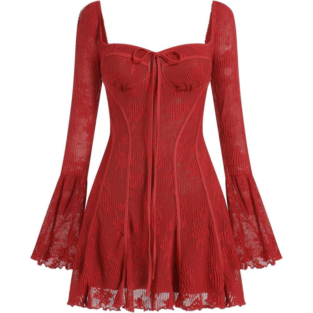 imageIDOPIP Women Long Bell Sleeve Corset Mini Dress Floral Lace Tie Front Ruffle Dress Empire Waist Club Cocktail Party DressRed