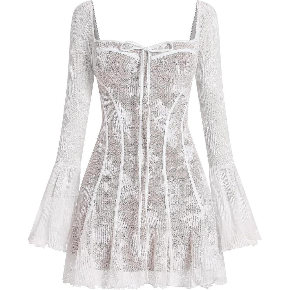 imageIDOPIP Women Long Bell Sleeve Corset Mini Dress Floral Lace Tie Front Ruffle Dress Empire Waist Club Cocktail Party DressWhite