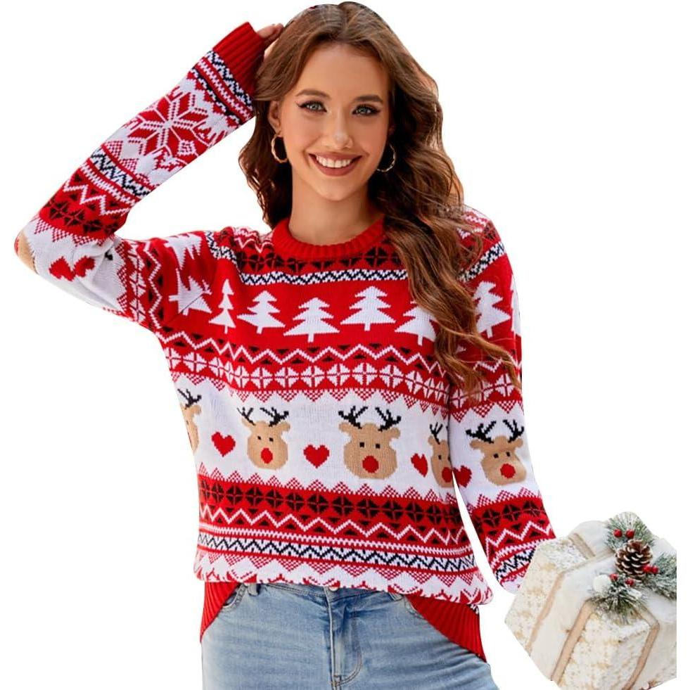 imageIDOPIP Women Long Sleeve Christmas Pullover Sweater 2024 Top Crewneck Winter Casual Xmas Knitted Top Reindeer SweatshirtsRed