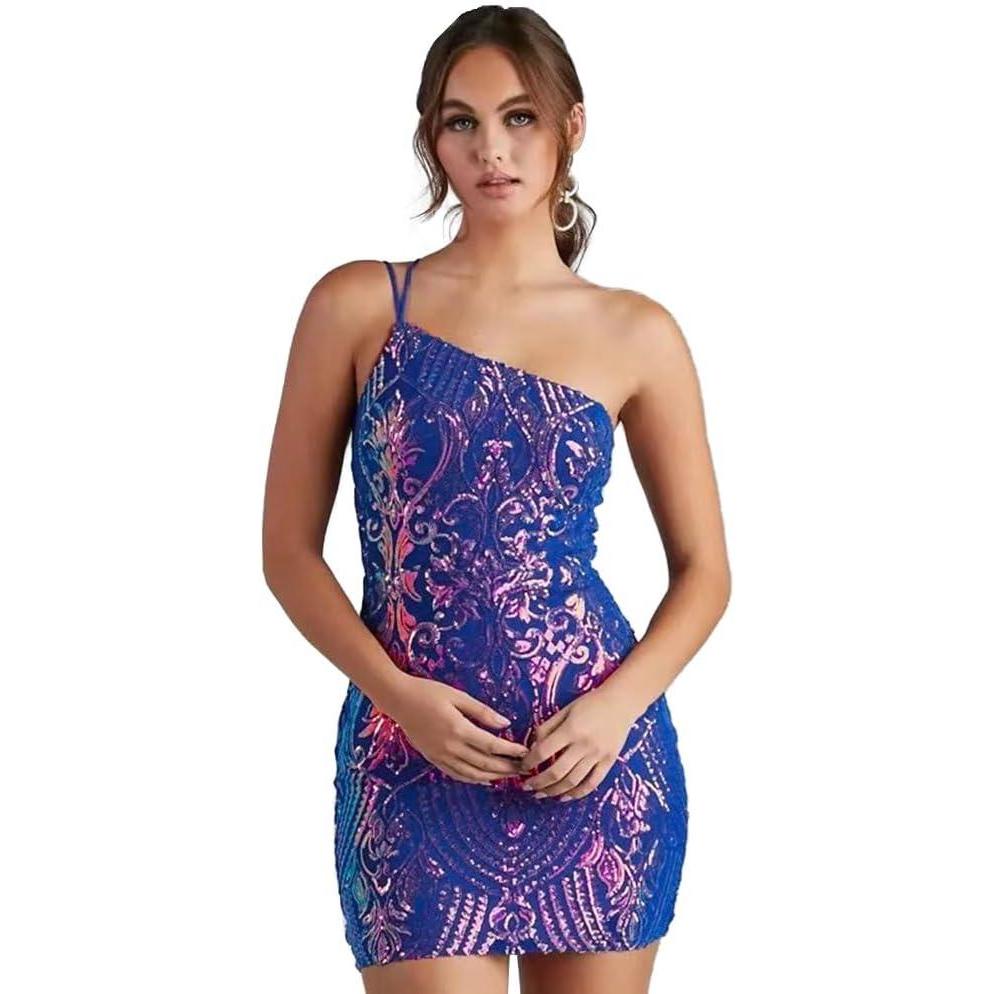 imageIDOPIP Women Sexy One Shoulder Sparkle Sequin Bodycon Dress Glitter Cocktail Party Mini Dress Elegant Fitted Homecoming DressBlue