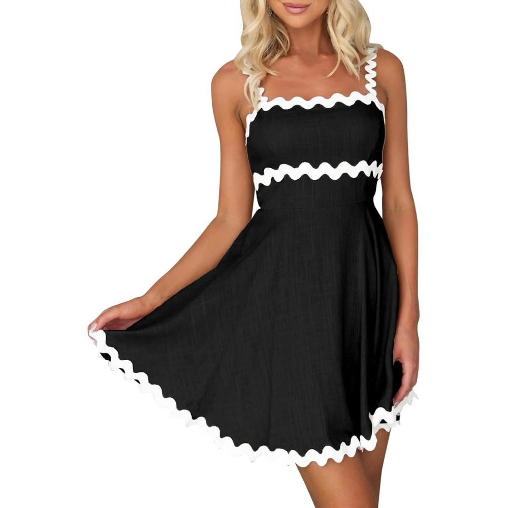 imageIDOPIP Women Summer Boho Mini Dress Smocked Empire Waist Rickrack Trim Flowy Sundress Spaghetti Straps ALine Swing DressBlack
