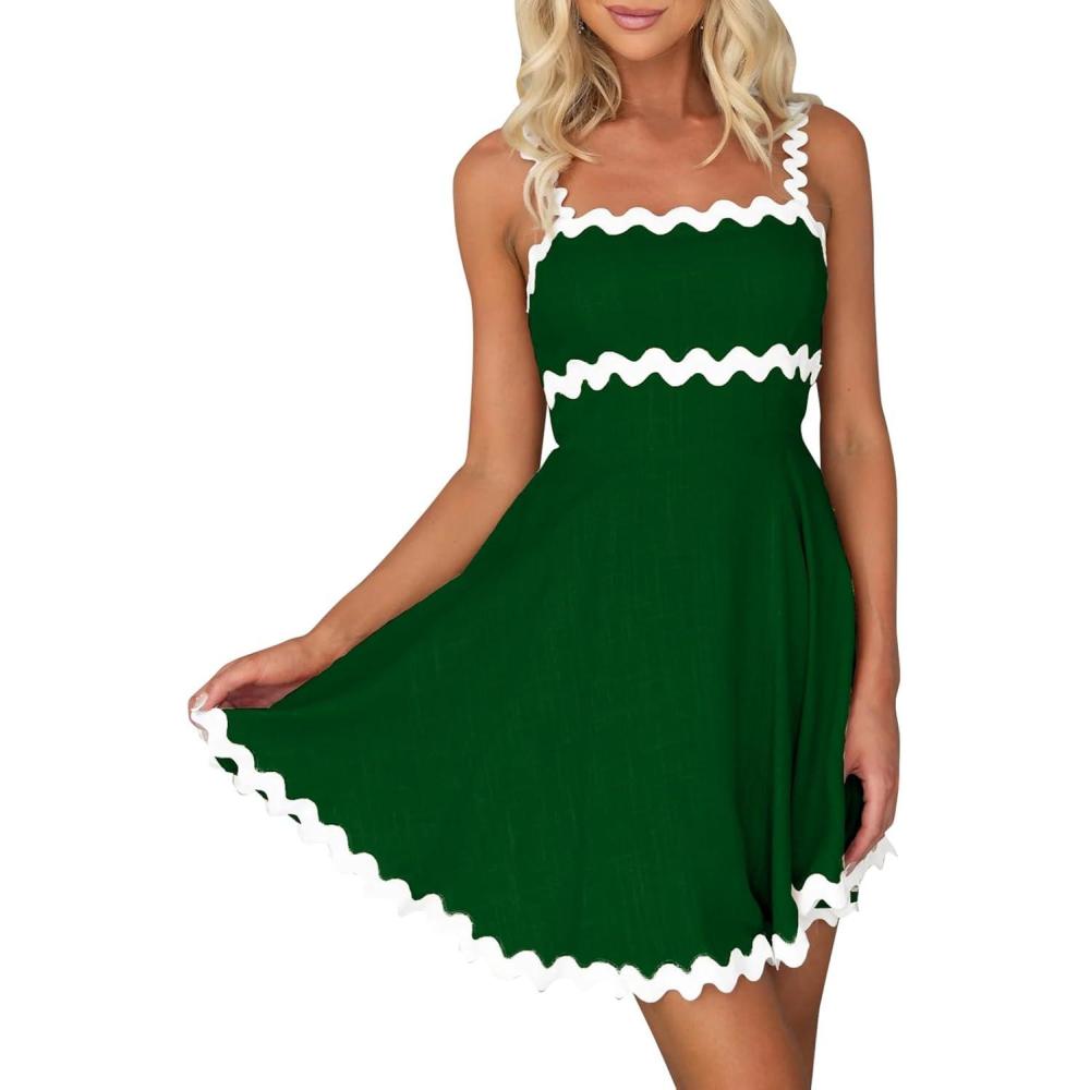 imageIDOPIP Women Summer Boho Mini Dress Smocked Empire Waist Rickrack Trim Flowy Sundress Spaghetti Straps ALine Swing DressGreen