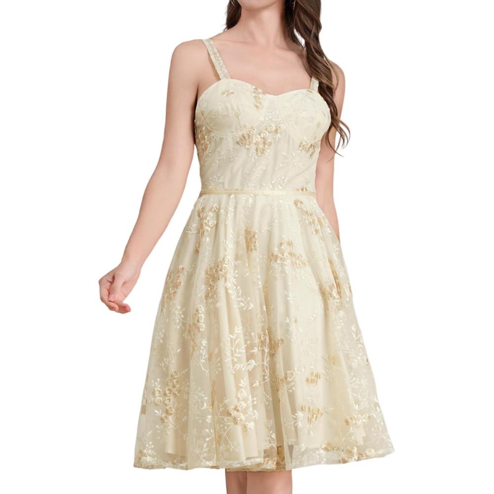 imageIDOPIP Women Vintage Floral Embroidery Mesh Dress 1950s Elegant Cocktail Party Swing Dress Formal ALine Tulle Prom GownApricot