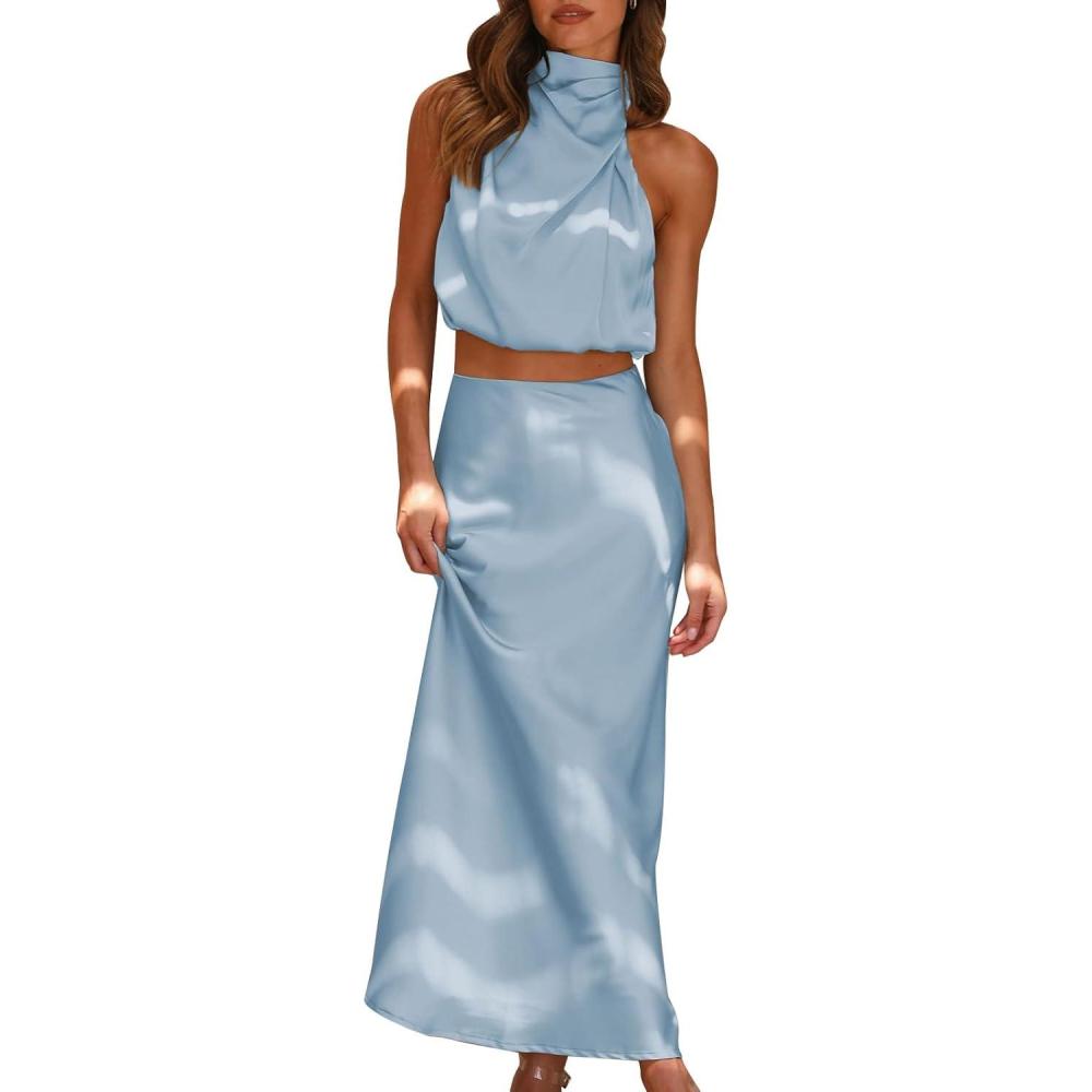 imageIDOPIP Womens Satin Top Long Skirt Dress Sets 2PCS Formal Cocktail Party Outfit Elegant Evening Prom Wedding Bridesmaid GownBlue