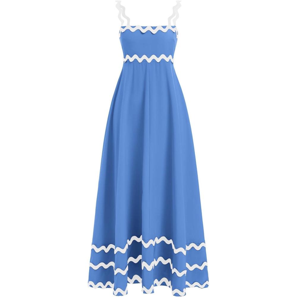 imageIDOPIP Womens Summer Casual Dress Beach Floral Maxi Dress Elegant Spaghetti Sleeveless Smocked Sundress Weeding Guest DressBlue
