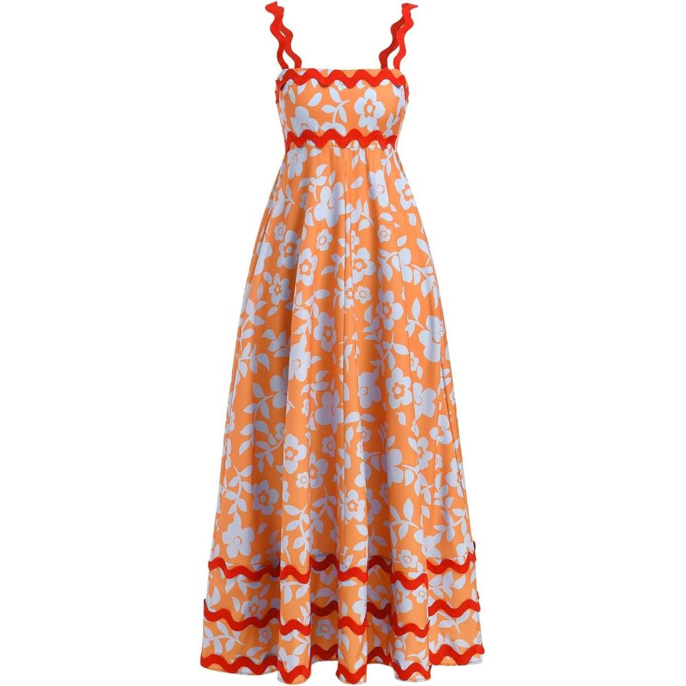 imageIDOPIP Womens Summer Casual Dress Beach Floral Maxi Dress Elegant Spaghetti Sleeveless Smocked Sundress Weeding Guest DressOrange