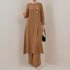 imageIDOPIP Abaya Dress for Women Muslim Set Long Sleeve Ramadan Islamic Dress Shirt with Pants 2PCS Dubai Prayer Casual ClothesKhaki  Split