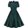 imageIDOPIP Women Black Striped Halloween Cosplay Costume Dress Elegant Tie Neck Midi Dress 1950s Vintage Cocktail Shirt DressDark Green