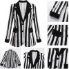 imageIDOPIP Women Black and White Striped Blazer Halloween Costume Outfit Cosplay Jacket Long Sleeve Open Front Cardigan SuitBlack and White