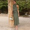 imageIDOPIP Women Elegant Satin Dress Sleeveless Halter Prom Party Gown Cocktail Bridesmaid Wedding Guest Outfit Formal Maxi DressArmy Green