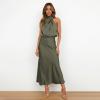 imageIDOPIP Women Elegant Satin Dress Sleeveless Halter Prom Party Gown Cocktail Bridesmaid Wedding Guest Outfit Formal Maxi DressArmy Green