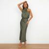 imageIDOPIP Women Elegant Satin Dress Sleeveless Halter Prom Party Gown Cocktail Bridesmaid Wedding Guest Outfit Formal Maxi DressArmy Green