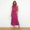 imageIDOPIP Women Elegant Satin Dress Sleeveless Halter Prom Party Gown Cocktail Bridesmaid Wedding Guest Outfit Formal Maxi DressHot Pink