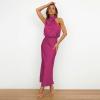 imageIDOPIP Women Elegant Satin Dress Sleeveless Halter Prom Party Gown Cocktail Bridesmaid Wedding Guest Outfit Formal Maxi DressHot Pink