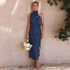 imageIDOPIP Women Elegant Satin Dress Sleeveless Halter Prom Party Gown Cocktail Bridesmaid Wedding Guest Outfit Formal Maxi DressNavy Blue