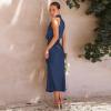 imageIDOPIP Women Elegant Satin Dress Sleeveless Halter Prom Party Gown Cocktail Bridesmaid Wedding Guest Outfit Formal Maxi DressNavy Blue