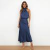 imageIDOPIP Women Elegant Satin Dress Sleeveless Halter Prom Party Gown Cocktail Bridesmaid Wedding Guest Outfit Formal Maxi DressNavy Blue