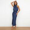 imageIDOPIP Women Elegant Satin Dress Sleeveless Halter Prom Party Gown Cocktail Bridesmaid Wedding Guest Outfit Formal Maxi DressNavy Blue