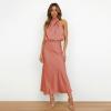 imageIDOPIP Women Elegant Satin Dress Sleeveless Halter Prom Party Gown Cocktail Bridesmaid Wedding Guest Outfit Formal Maxi DressOrange Pink