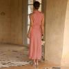 imageIDOPIP Women Elegant Satin Dress Sleeveless Halter Prom Party Gown Cocktail Bridesmaid Wedding Guest Outfit Formal Maxi DressOrange Pink