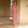 imageIDOPIP Women Elegant Satin Dress Sleeveless Halter Prom Party Gown Cocktail Bridesmaid Wedding Guest Outfit Formal Maxi DressOrange Pink