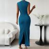 imageIDOPIP Women Formal Mock Neck Ruched Bodycon Dress Elegant Sleeveless Maxi Dress Prom Cocktail Party Wedding Guest OutfitBlue